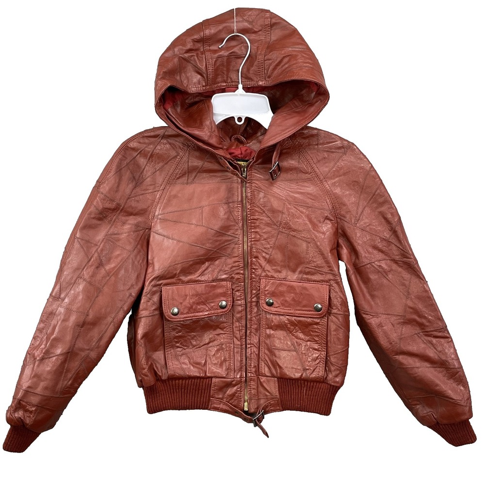 VTG 100% Leather Bug Bomber Jacket Womens 9/10 M Red Patchwork Biker 70s Aviator